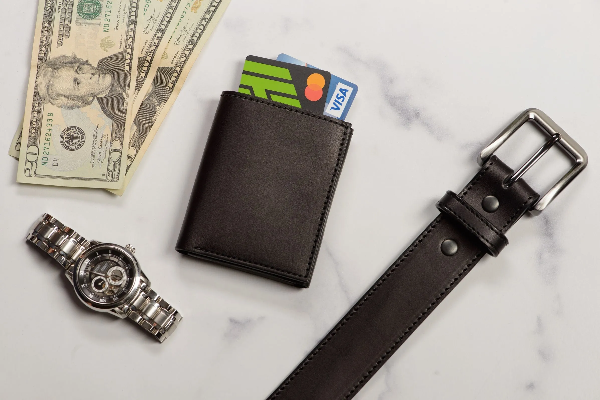 Black Premium Leather Trifold Wallet with ID Window