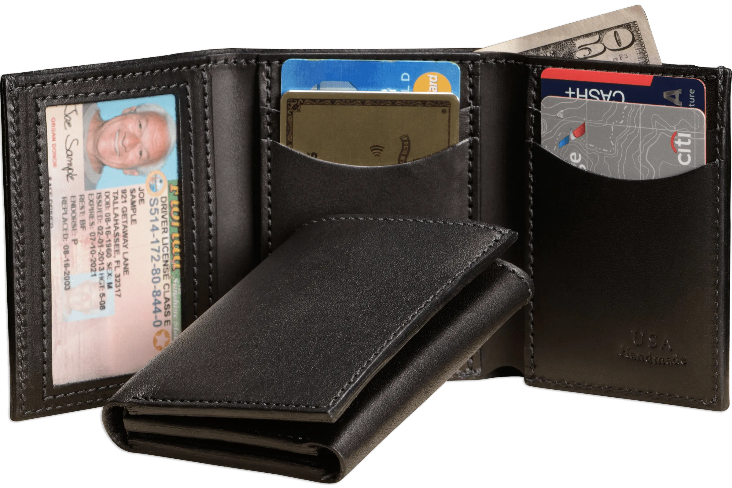 Black Premium Leather Trifold Wallet with ID Window