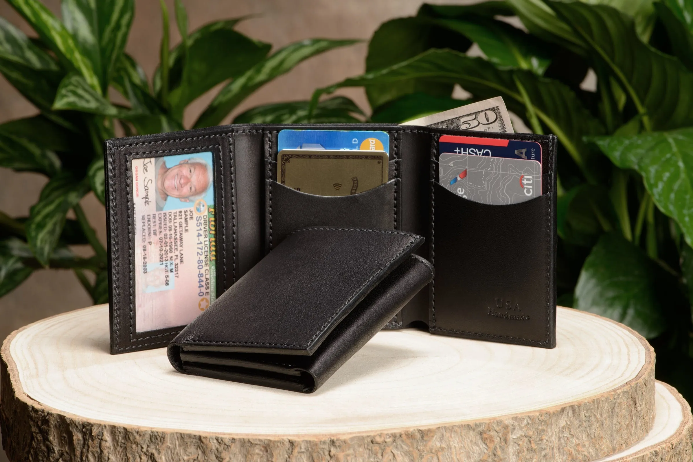 Black Premium Leather Trifold Wallet with ID Window