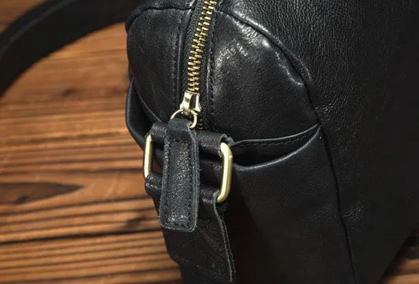 Black Small Leather Messenger Bag Chest Bag Side Bag Courier bag For Men