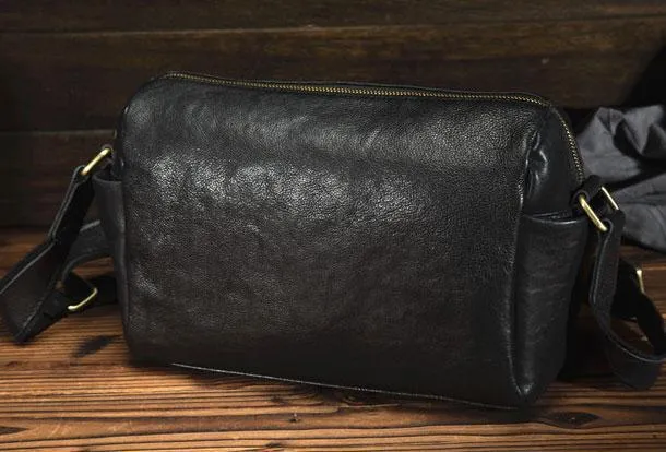 Black Small Leather Messenger Bag Chest Bag Side Bag Courier bag For Men