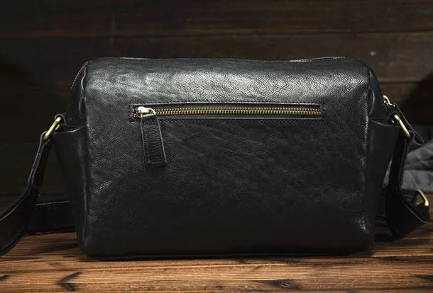 Black Small Leather Messenger Bag Chest Bag Side Bag Courier bag For Men