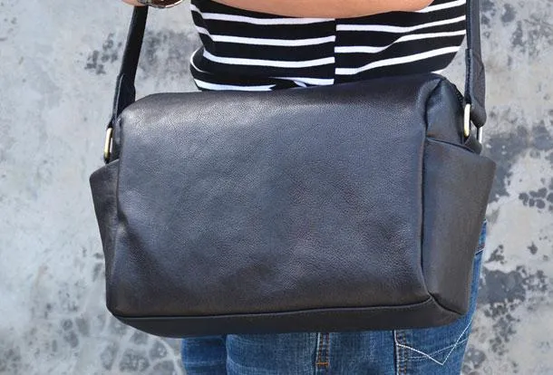 Black Small Leather Messenger Bag Chest Bag Side Bag Courier bag For Men
