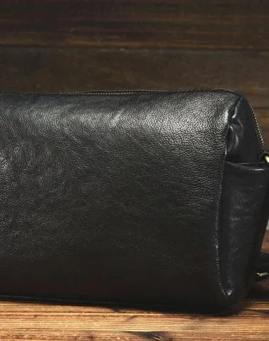 Black Small Leather Messenger Bag Chest Bag Side Bag Courier bag For Men