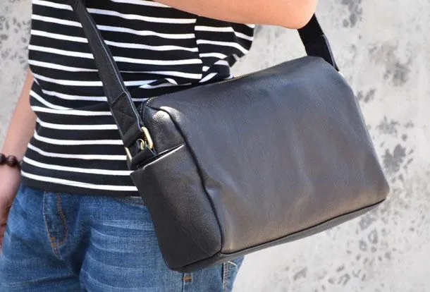 Black Small Leather Messenger Bag Chest Bag Side Bag Courier bag For Men
