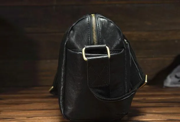 Black Small Leather Messenger Bag Chest Bag Side Bag Courier bag For Men
