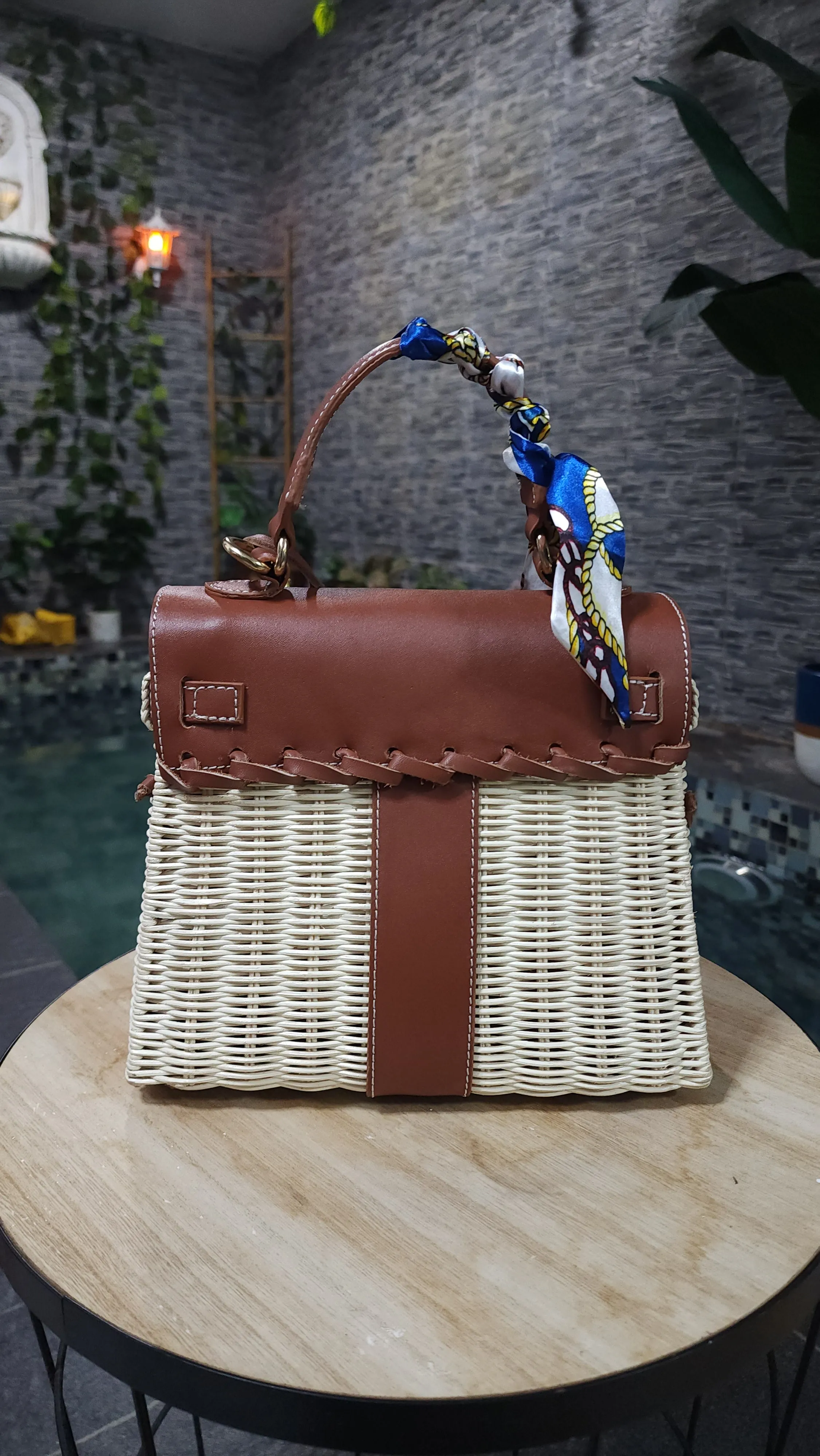 Brown genuine leather - Handmade wicker bag, Small size (25cm) gold hardware