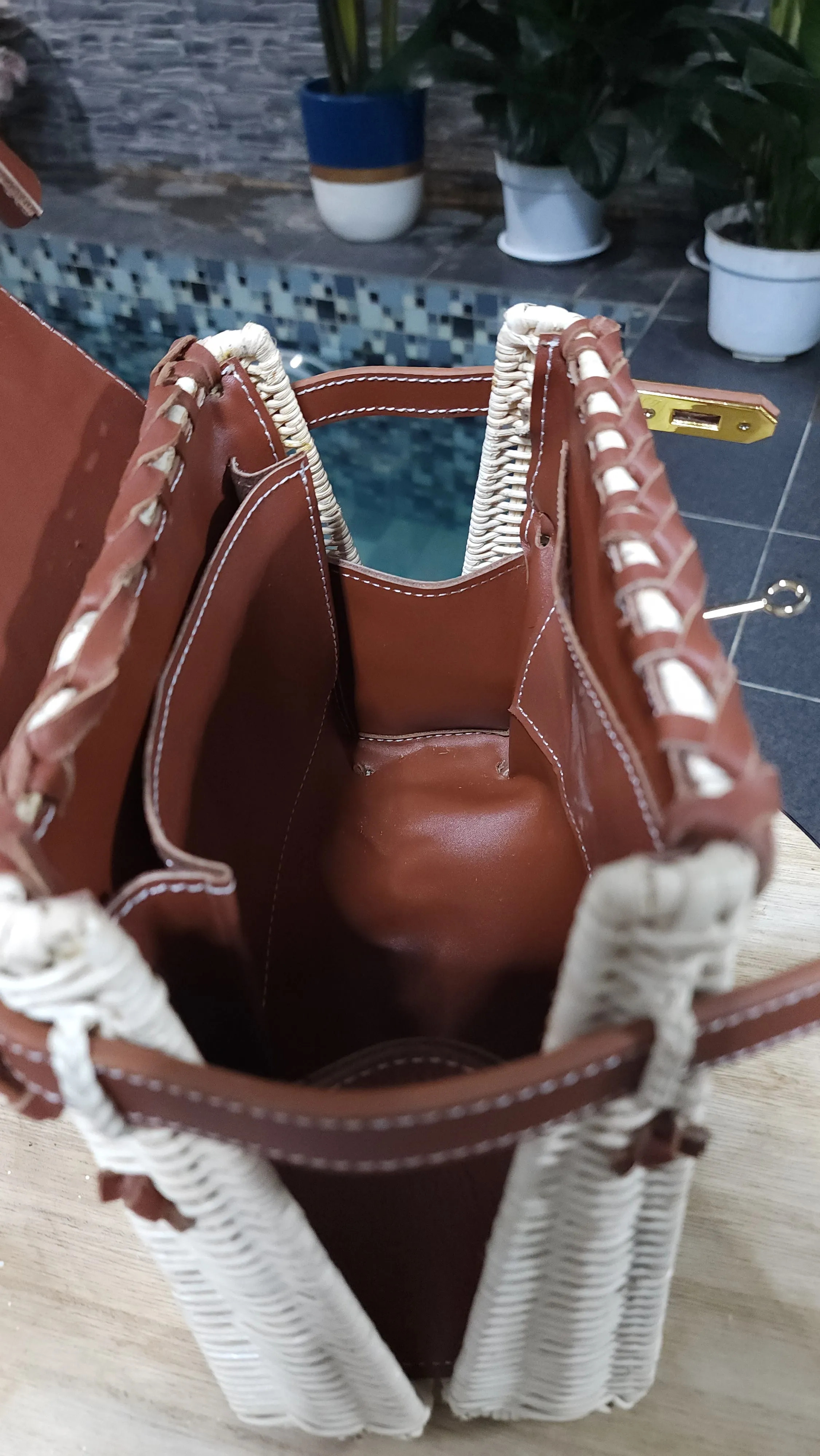 Brown genuine leather - Handmade wicker bag, Small size (25cm) gold hardware