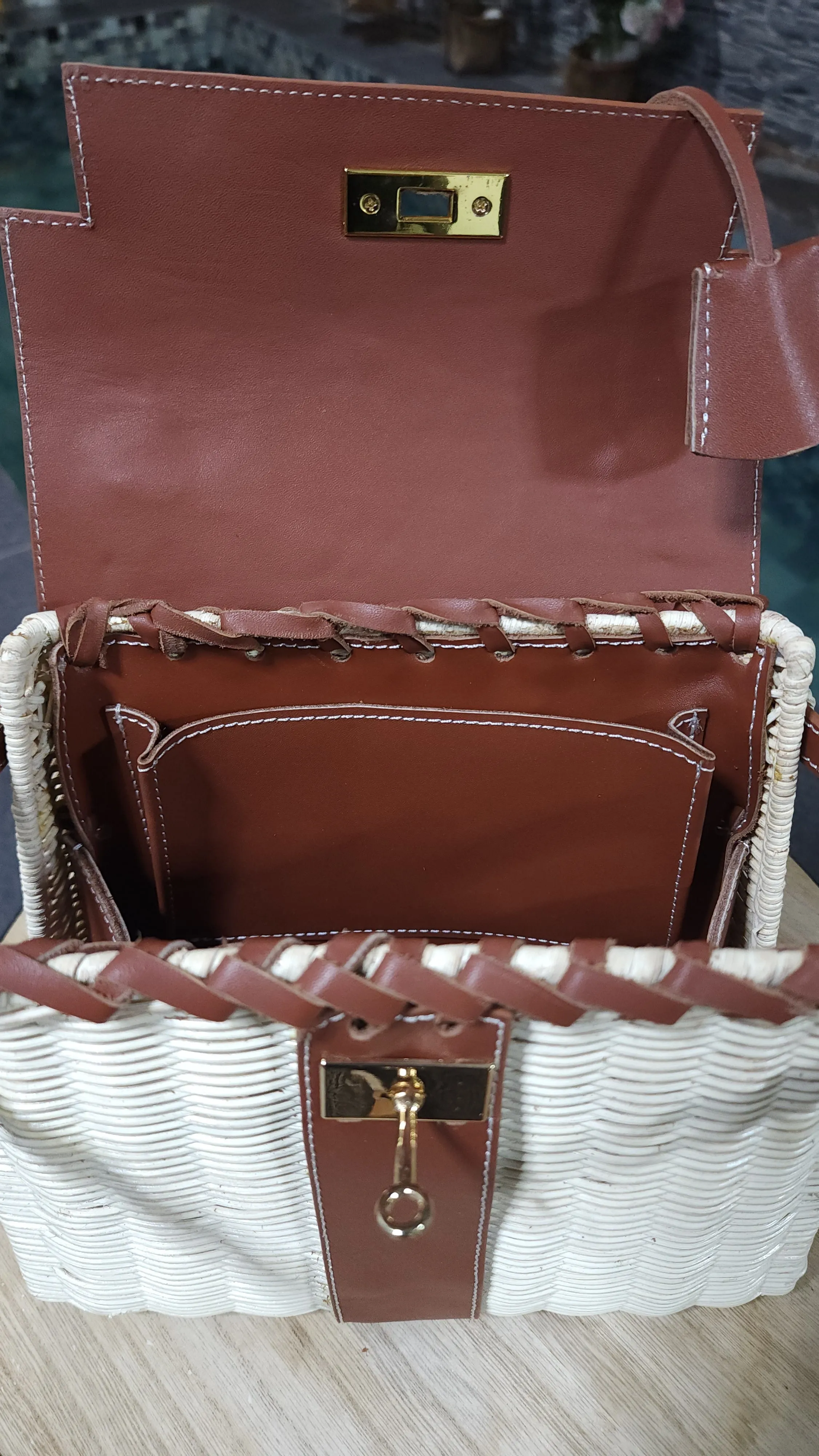 Brown genuine leather - Handmade wicker bag, Small size (25cm) gold hardware