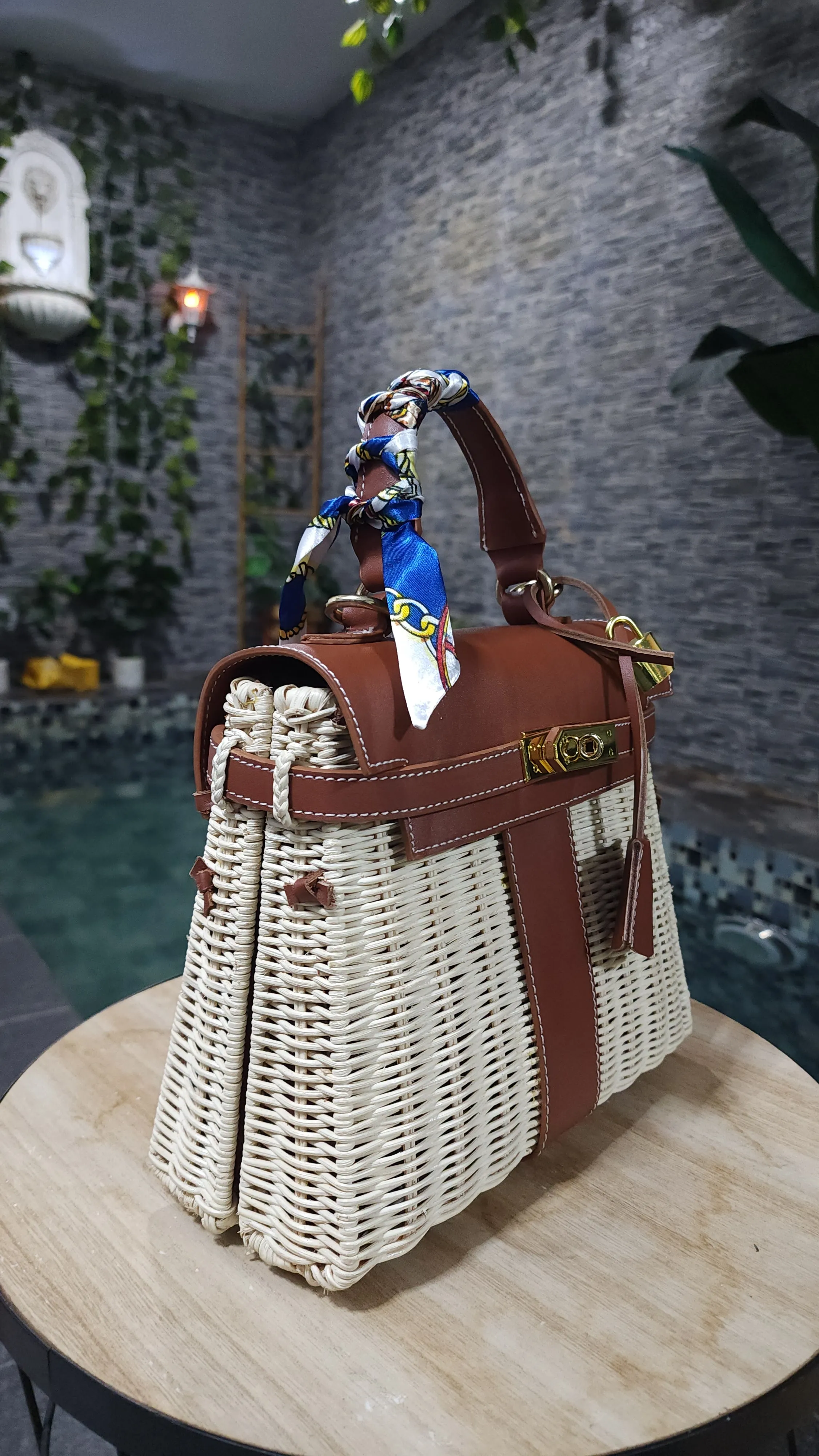 Brown genuine leather - Handmade wicker bag, Small size (25cm) gold hardware
