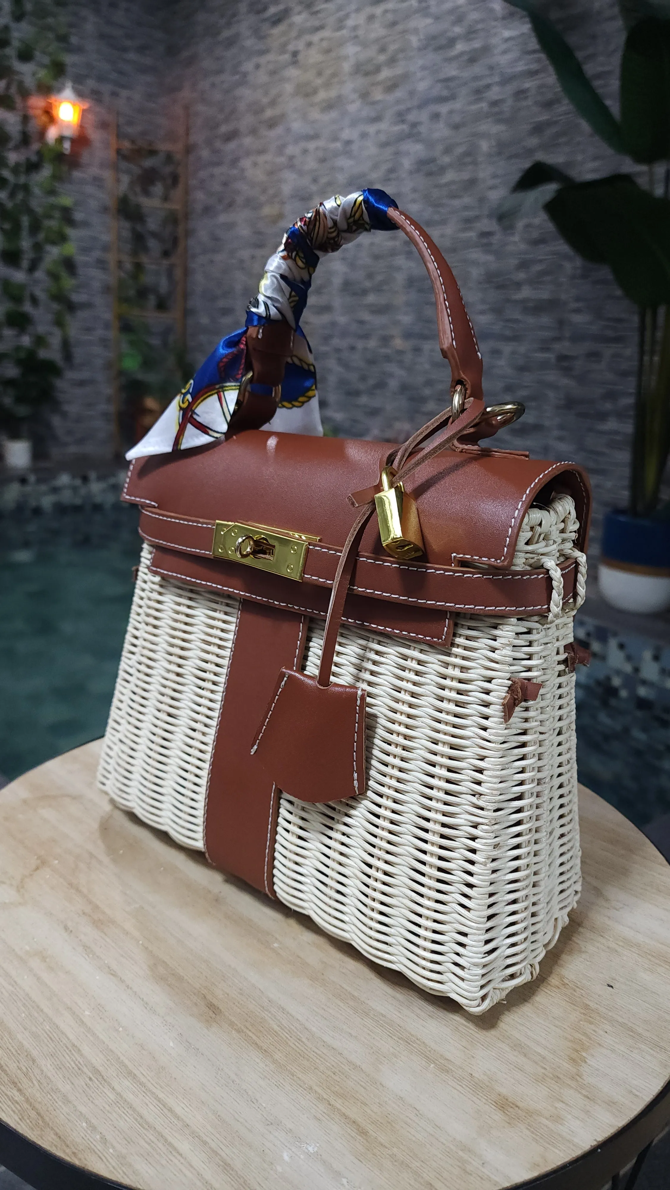 Brown genuine leather - Handmade wicker bag, Small size (25cm) gold hardware