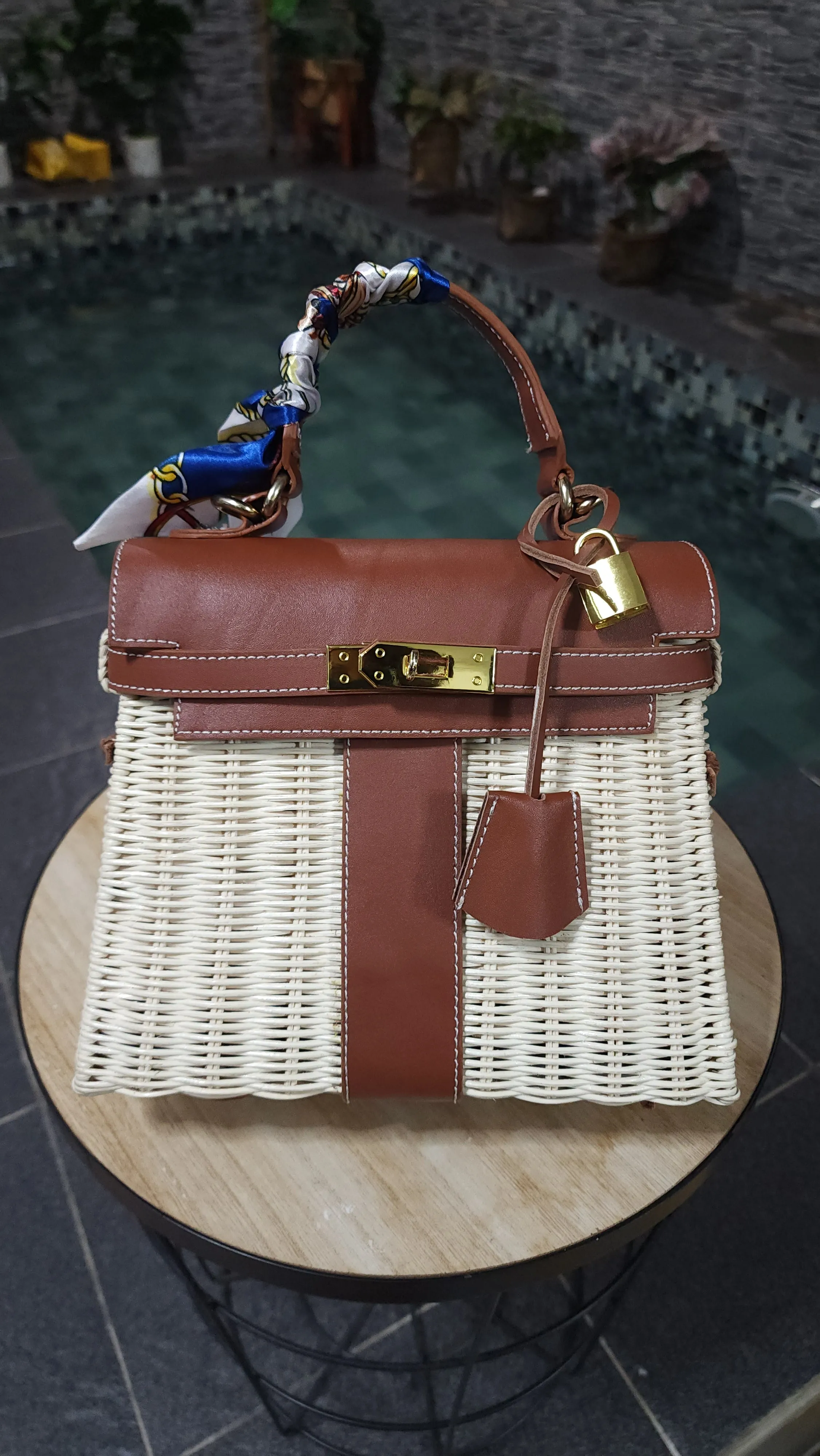 Brown genuine leather - Handmade wicker bag, Small size (25cm) gold hardware