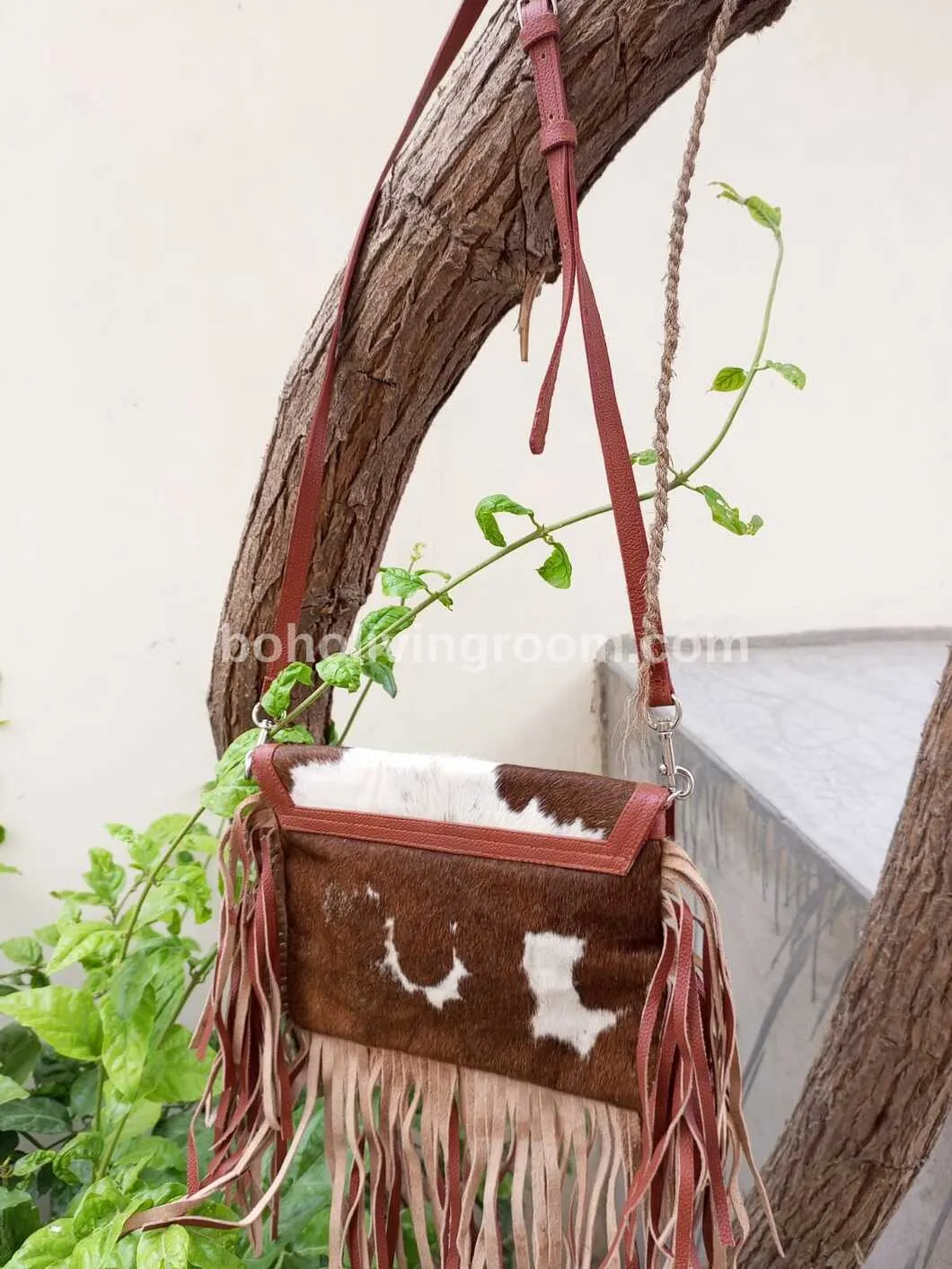 Brown White Cowhide Crossbody Messenger Bag