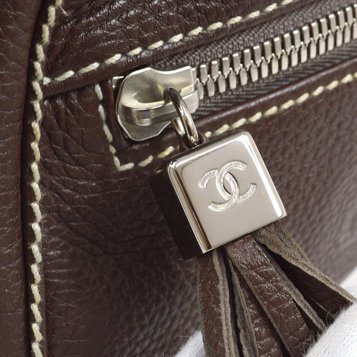 CHANEL 2003-2004 Brown Caviar Embossed Logo Shoulder Bag