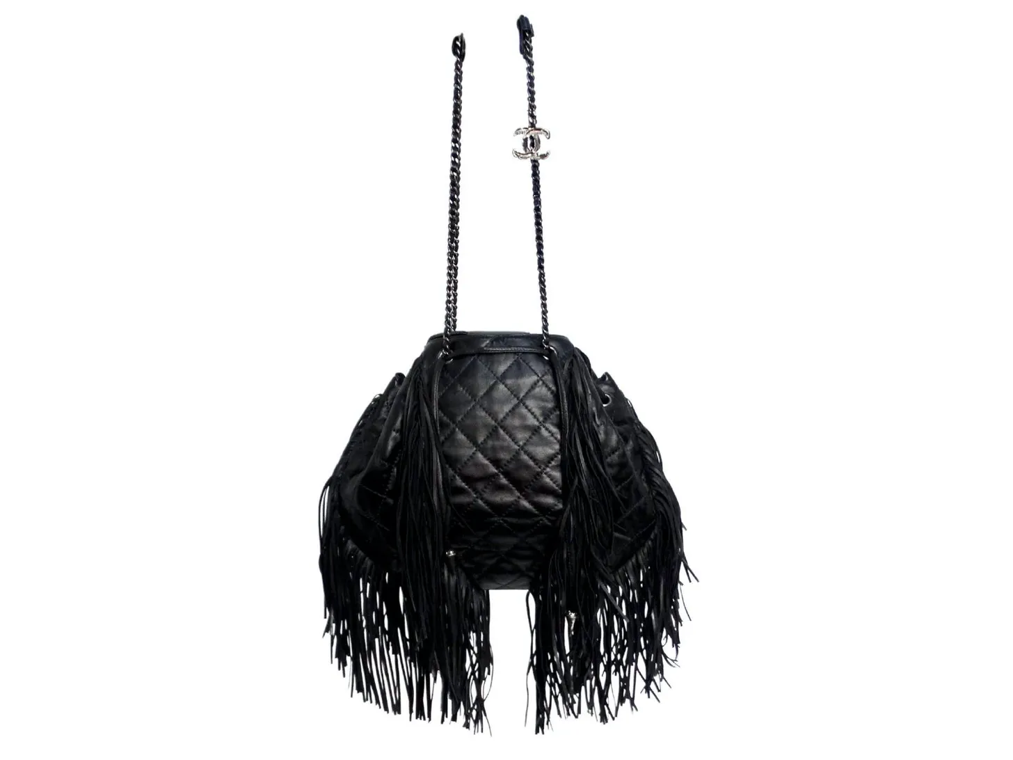 Chanel 2014 Paris-Dallas Black Quilted Lambskin Drawstring Fringe Bucket Bag