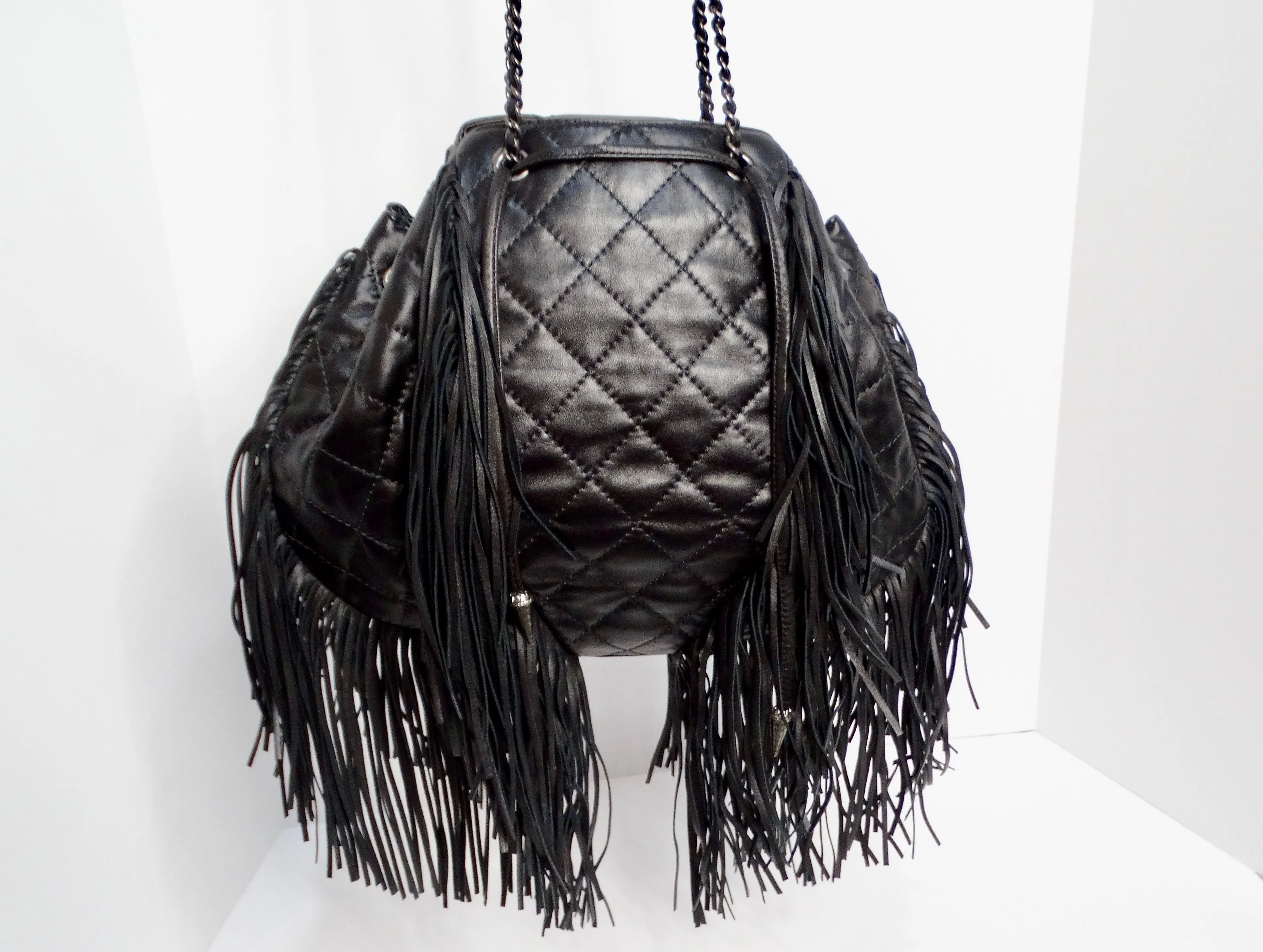 Chanel 2014 Paris-Dallas Black Quilted Lambskin Drawstring Fringe Bucket Bag