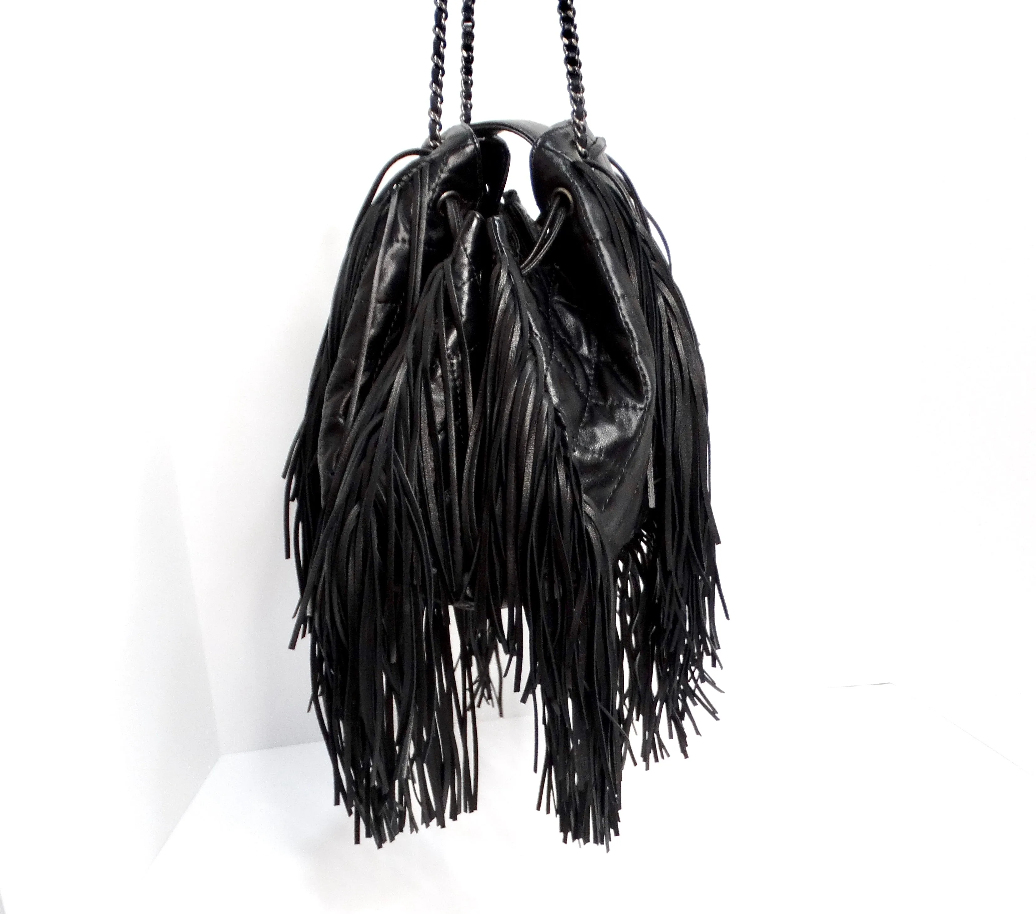 Chanel 2014 Paris-Dallas Black Quilted Lambskin Drawstring Fringe Bucket Bag