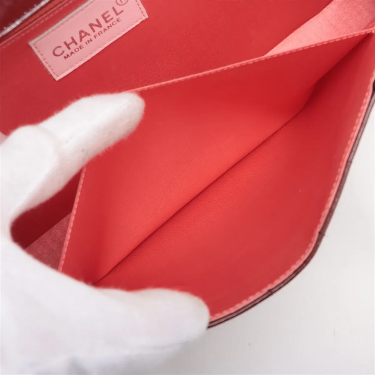 Chanel Chocolate Bar Patent Square Quilt Shoulder Bag Bordeaux Silver Metal Fittings 5 Series #2517