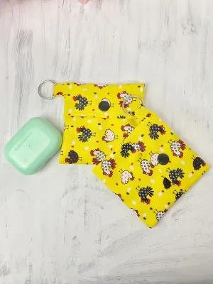 Chicken Square Fabric Pouch Keychain, Headphone Holder, Ear Bud Pouch