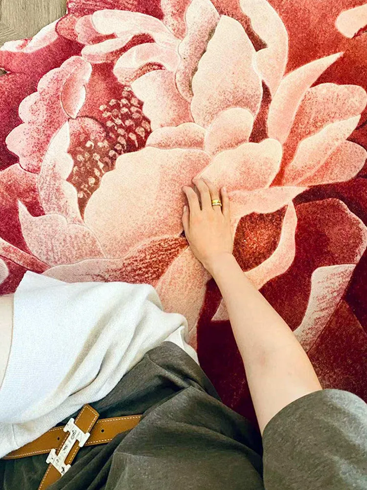 Chinese Style "Blooming Prosperity" Pink Peony Flower Shaped Carpet Home Decoration