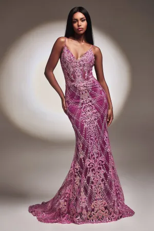 CINDERELLA DIVINE CC2168 Fitted Glitter Sleeveless V-Neck Gown