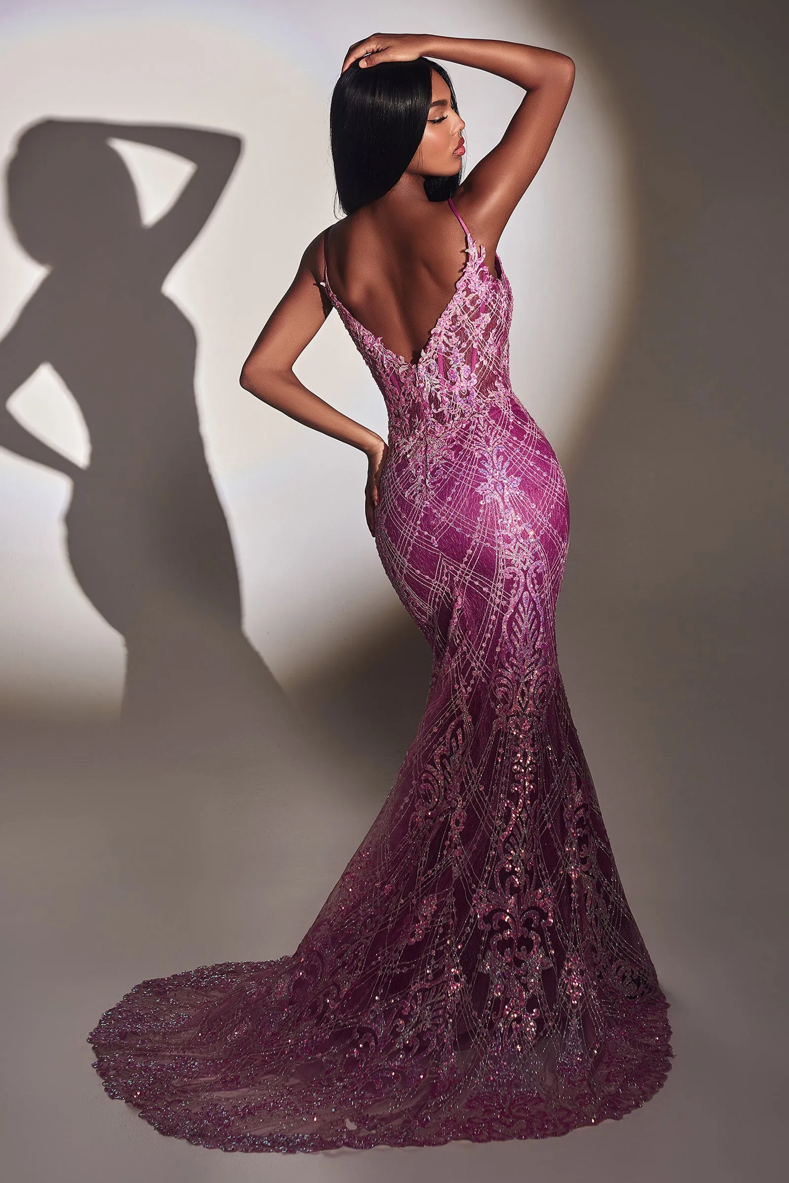 CINDERELLA DIVINE CC2168 Fitted Glitter Sleeveless V-Neck Gown