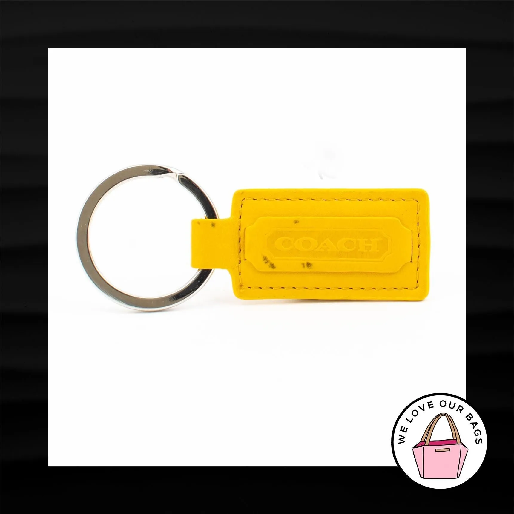 COACH VINTAGE YELLOW LEATHER SILVER METAL KEY FOB BAG CHARM KEYCHAIN HANG TAG