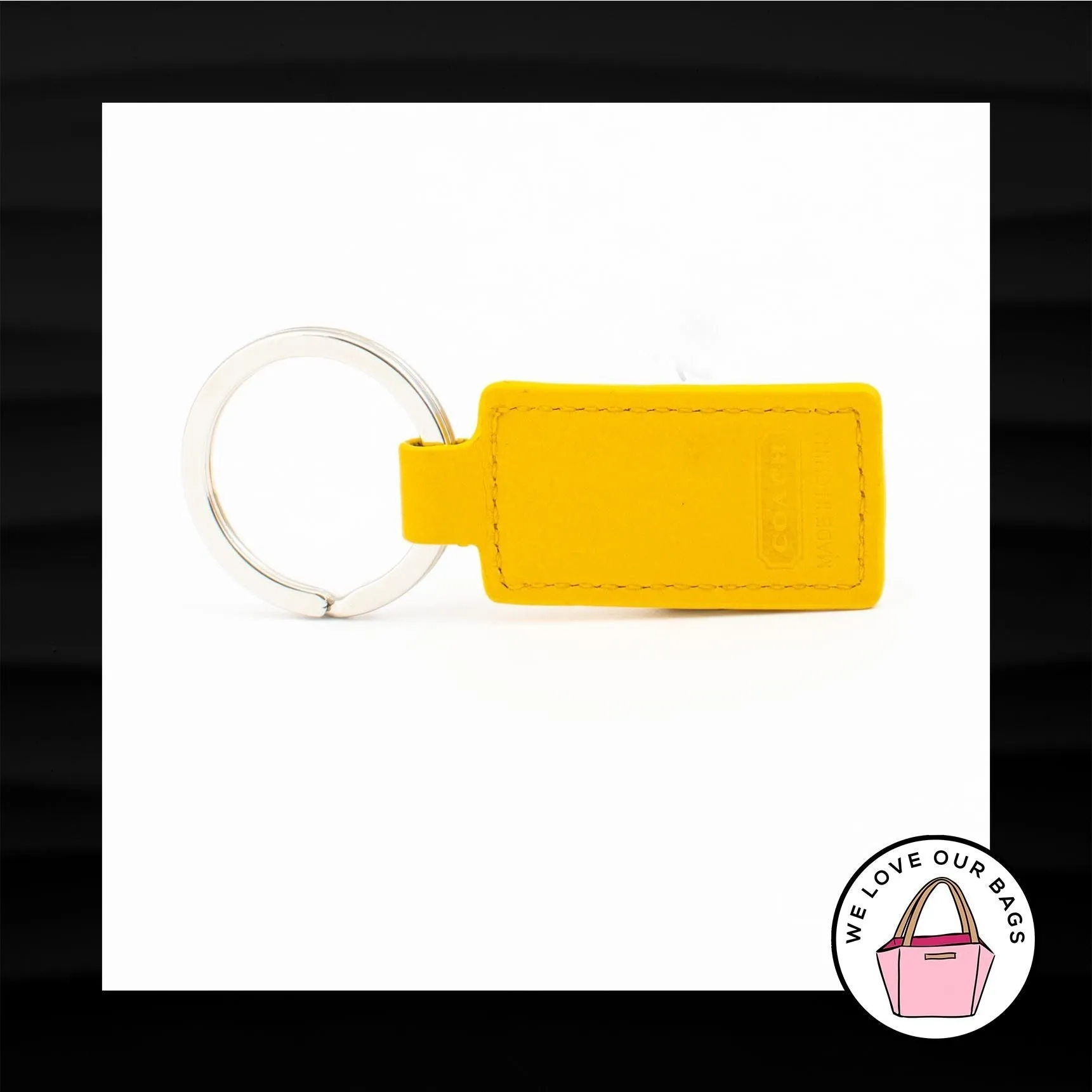 COACH VINTAGE YELLOW LEATHER SILVER METAL KEY FOB BAG CHARM KEYCHAIN HANG TAG