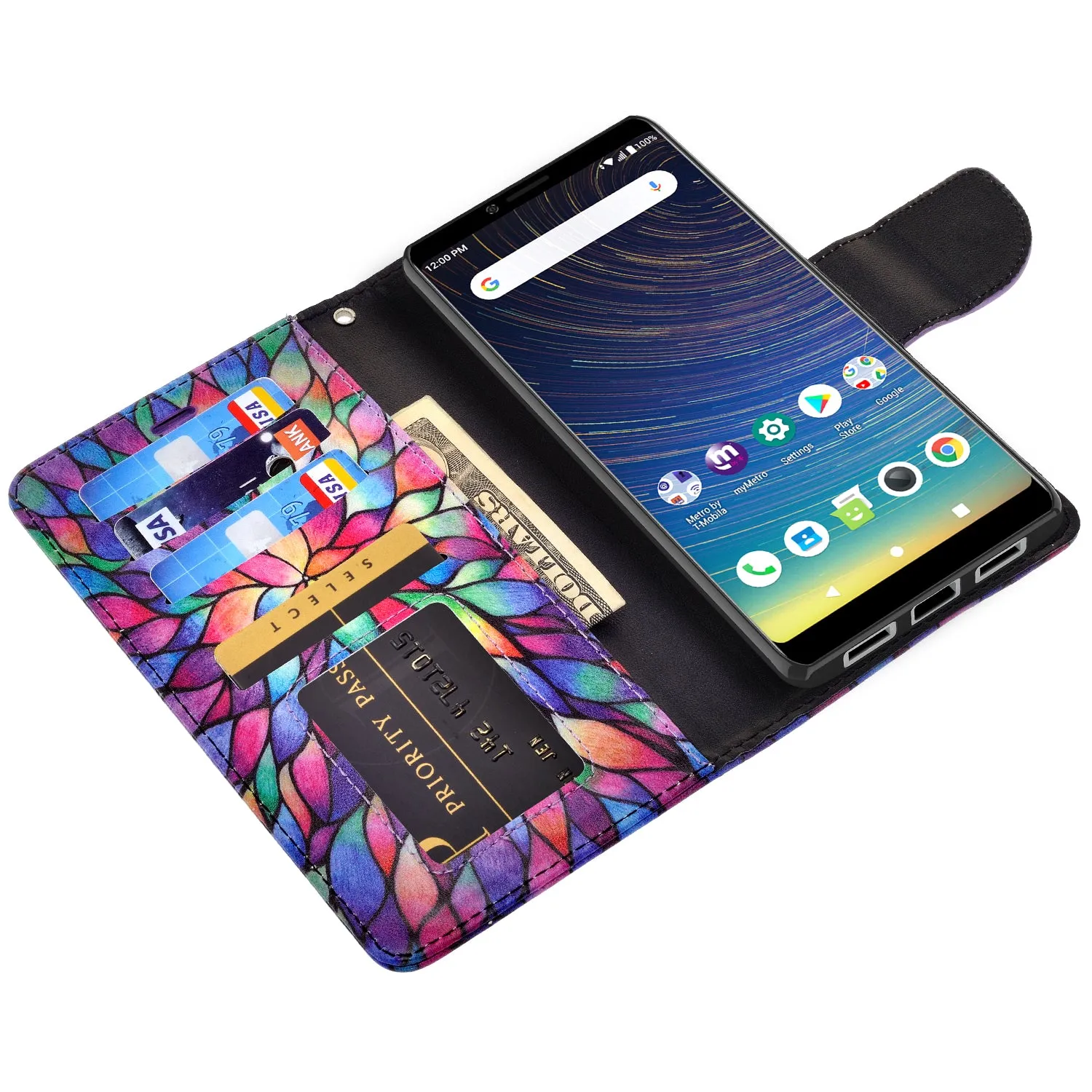 Coolpad Legacy Case, Coolpad Legacy Wallet Case, Wrist Strap Pu Leather Wallet Case [Kickstand] with ID & Credit Card Slots - Rainbow Flower