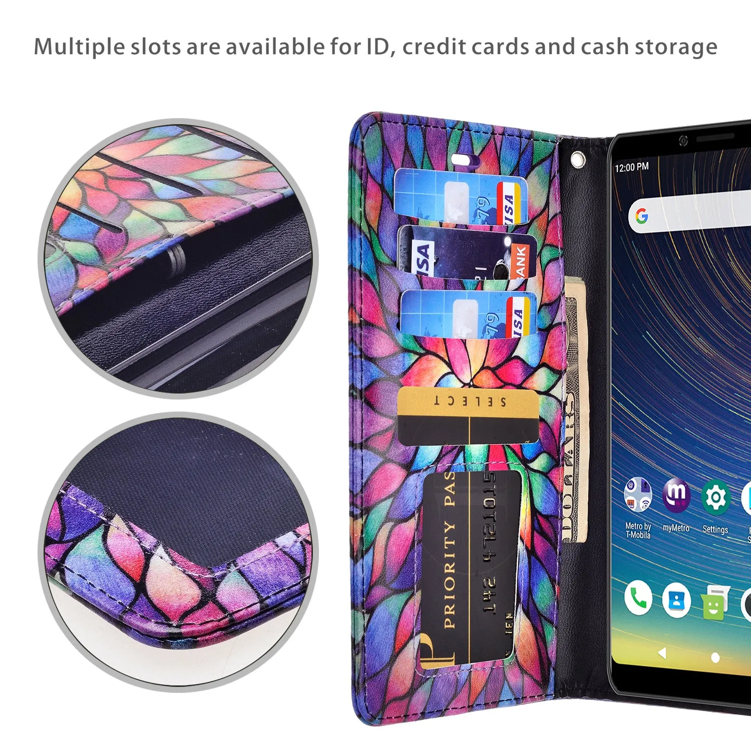 Coolpad Legacy Case, Coolpad Legacy Wallet Case, Wrist Strap Pu Leather Wallet Case [Kickstand] with ID & Credit Card Slots - Rainbow Flower
