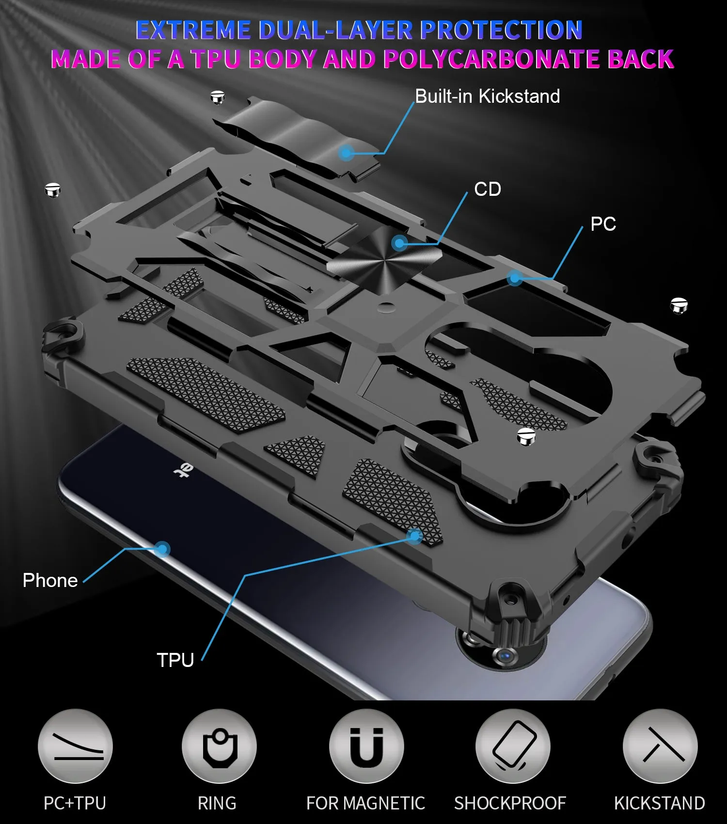 Cricket Ovation Case/AT&T Radiant Max Case [Military Grade] Ring Car Mount Kickstand Hybrid Hard PC Soft TPU Shockproof Protective Case - Black