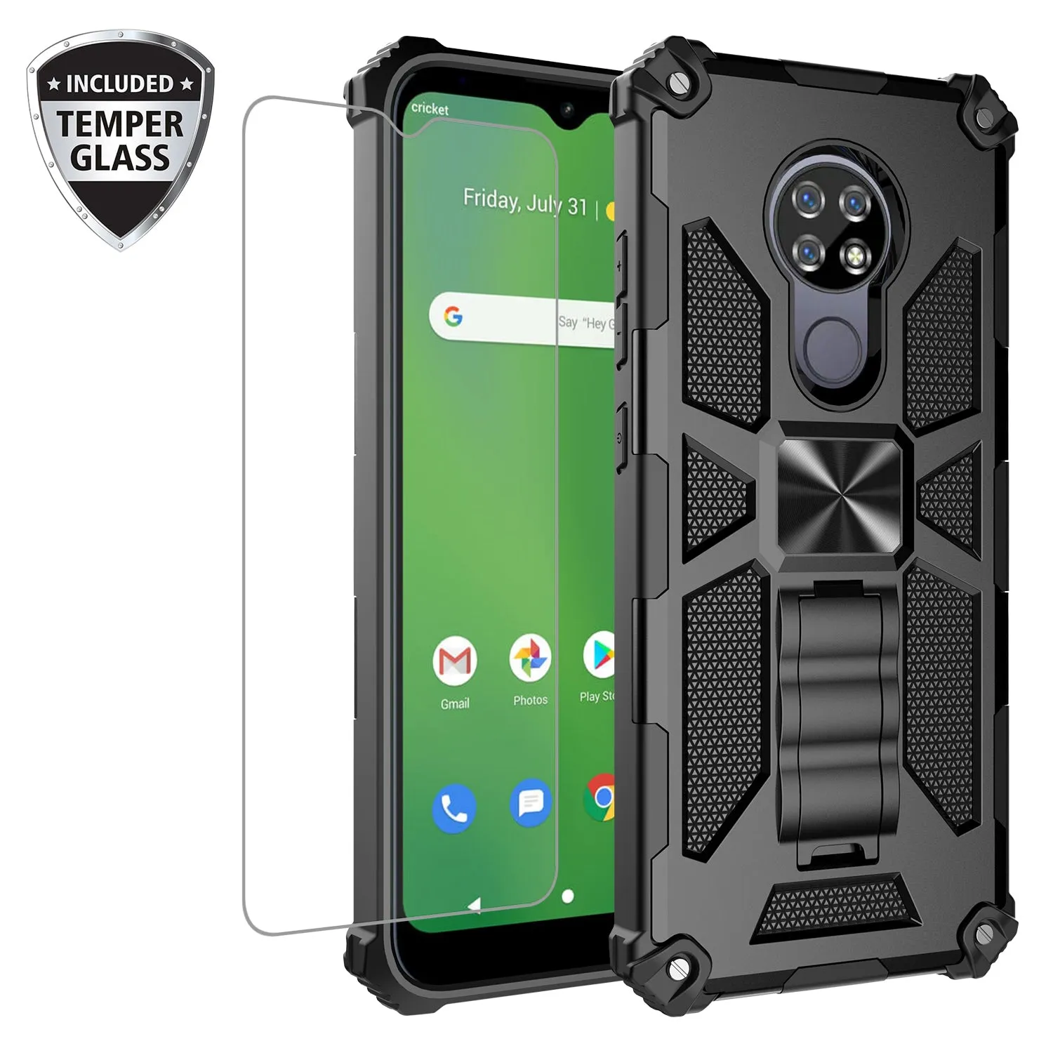 Cricket Ovation Case/AT&T Radiant Max Case [Military Grade] Ring Car Mount Kickstand Hybrid Hard PC Soft TPU Shockproof Protective Case - Black