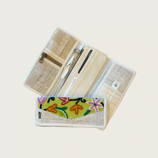 Embroidered Wallet - Women's Handmade Hemp Wallets - Lime, Aqua, Cream