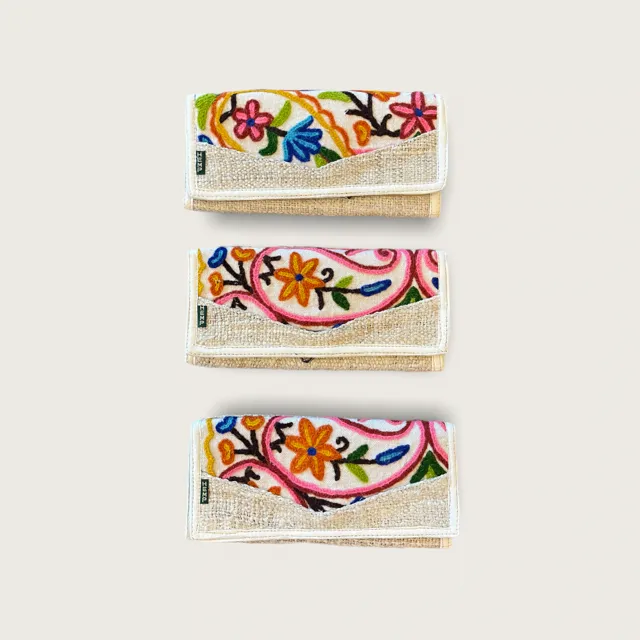 Embroidered Wallet - Women's Handmade Hemp Wallets - Lime, Aqua, Cream