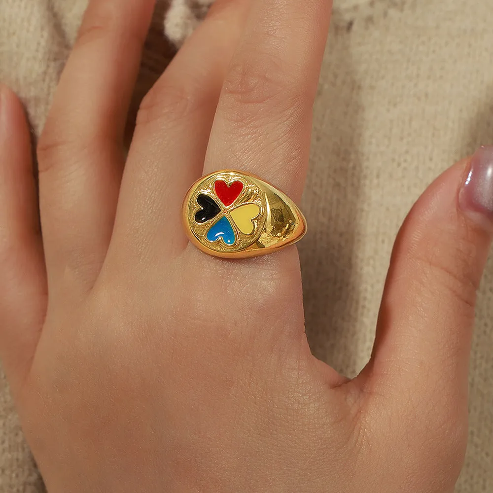 Enamel Glaze Copper Heart Clover Ring Women's Jewelry