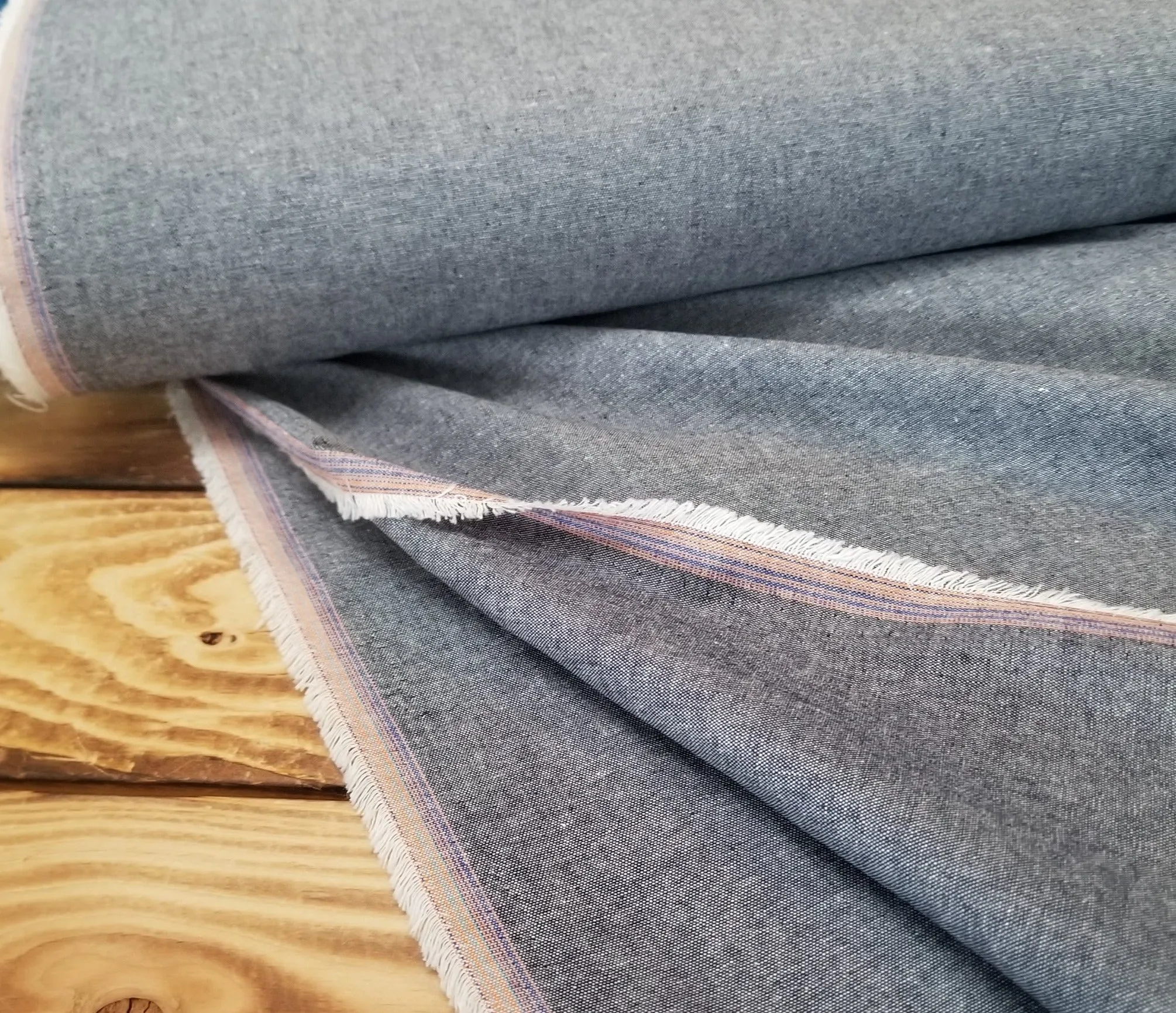 End of Bolt: 2.5 yards of Designer Deadstock Chambray Navy  Solid Woven-remnant