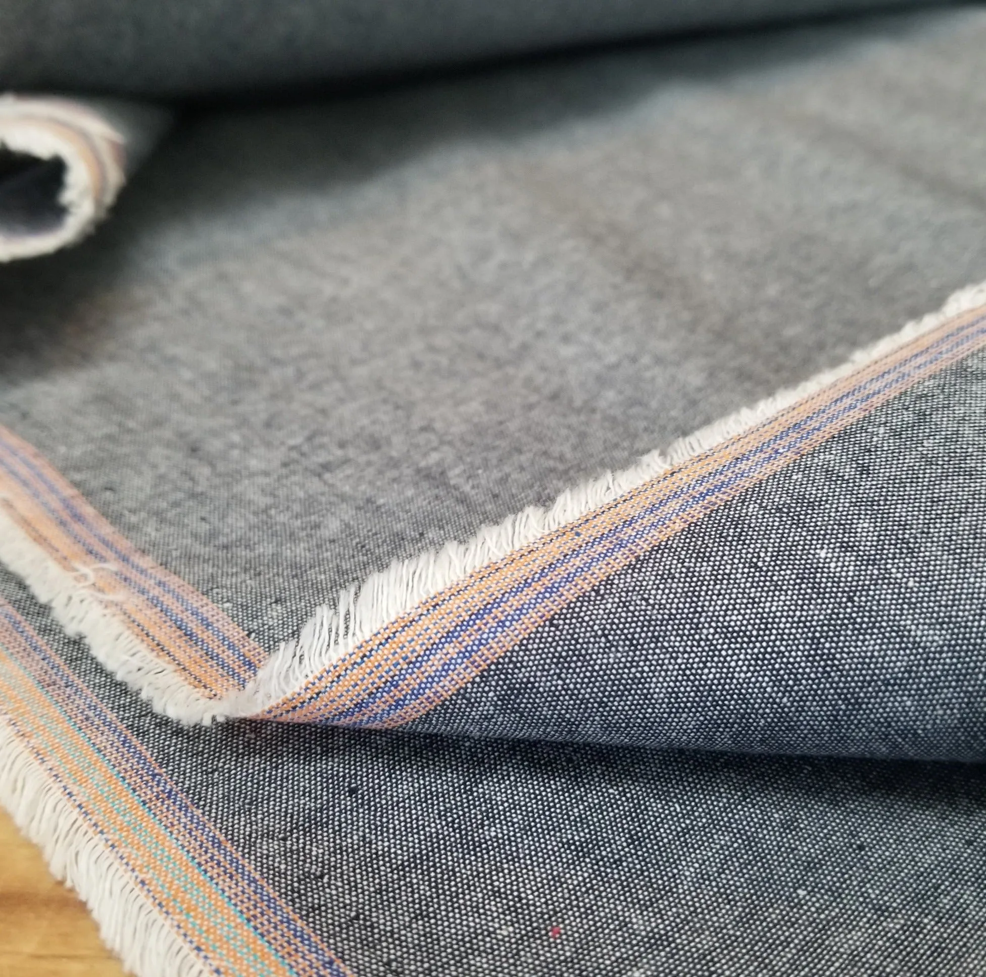 End of Bolt: 2.5 yards of Designer Deadstock Chambray Navy  Solid Woven-remnant