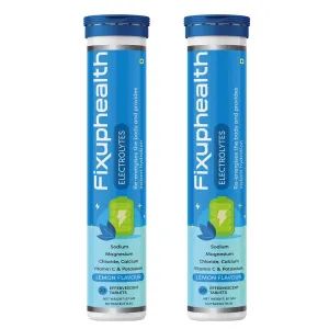 Fixuphealth Electrolytes Tablets Containing Sodium Magnesium, Calcium Chloride and Vitamin C Effervescent Tablets Lemon Flavour Pack of 2 20 tablets each pack Useful for Great source of minerals