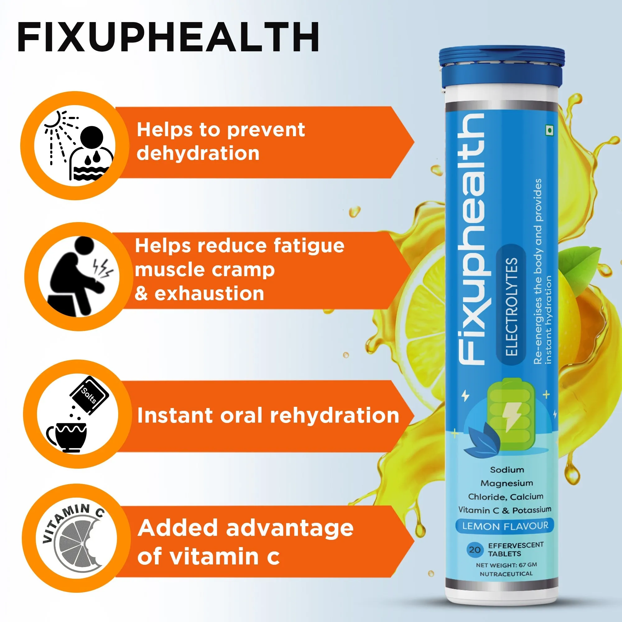 Fixuphealth Electrolytes Tablets Containing Sodium Magnesium, Calcium Chloride and Vitamin C Effervescent Tablets Lemon Flavour Pack of 2 20 tablets each pack Useful for Great source of minerals