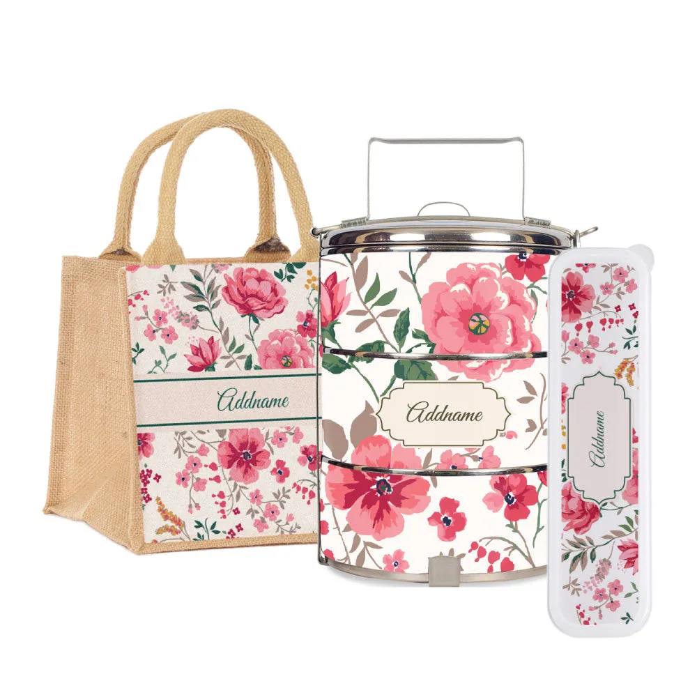 Flora Cerise Tiffin Carrier, Jute Tote Bag  & Cutlery Set [FREE Custom Add Name]