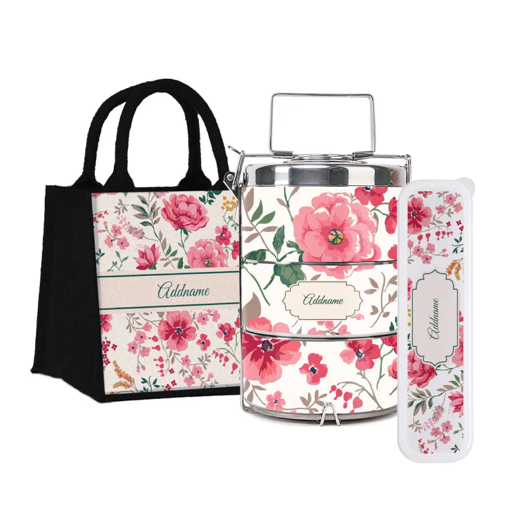 Flora Cerise Tiffin Carrier, Jute Tote Bag  & Cutlery Set [FREE Custom Add Name]