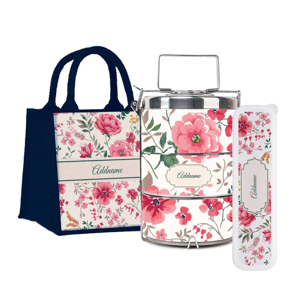 Flora Cerise Tiffin Carrier, Jute Tote Bag  & Cutlery Set [FREE Custom Add Name]