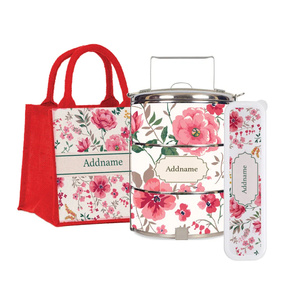 Flora Cerise Tiffin Carrier, Jute Tote Bag  & Cutlery Set [FREE Custom Add Name]