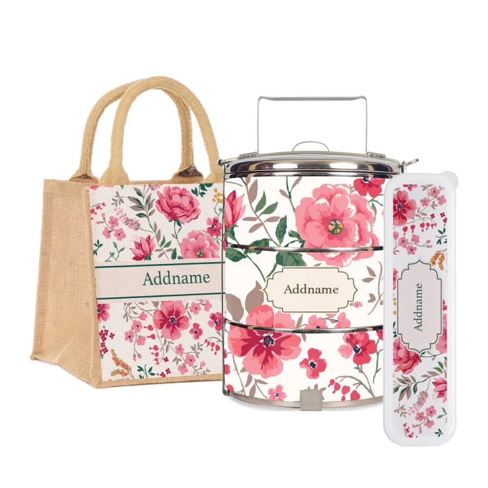 Flora Cerise Tiffin Carrier, Jute Tote Bag  & Cutlery Set [FREE Custom Add Name]