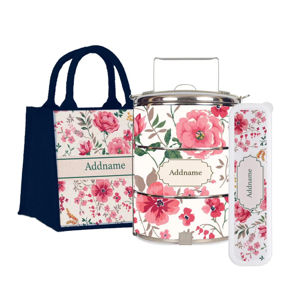 Flora Cerise Tiffin Carrier, Jute Tote Bag  & Cutlery Set [FREE Custom Add Name]
