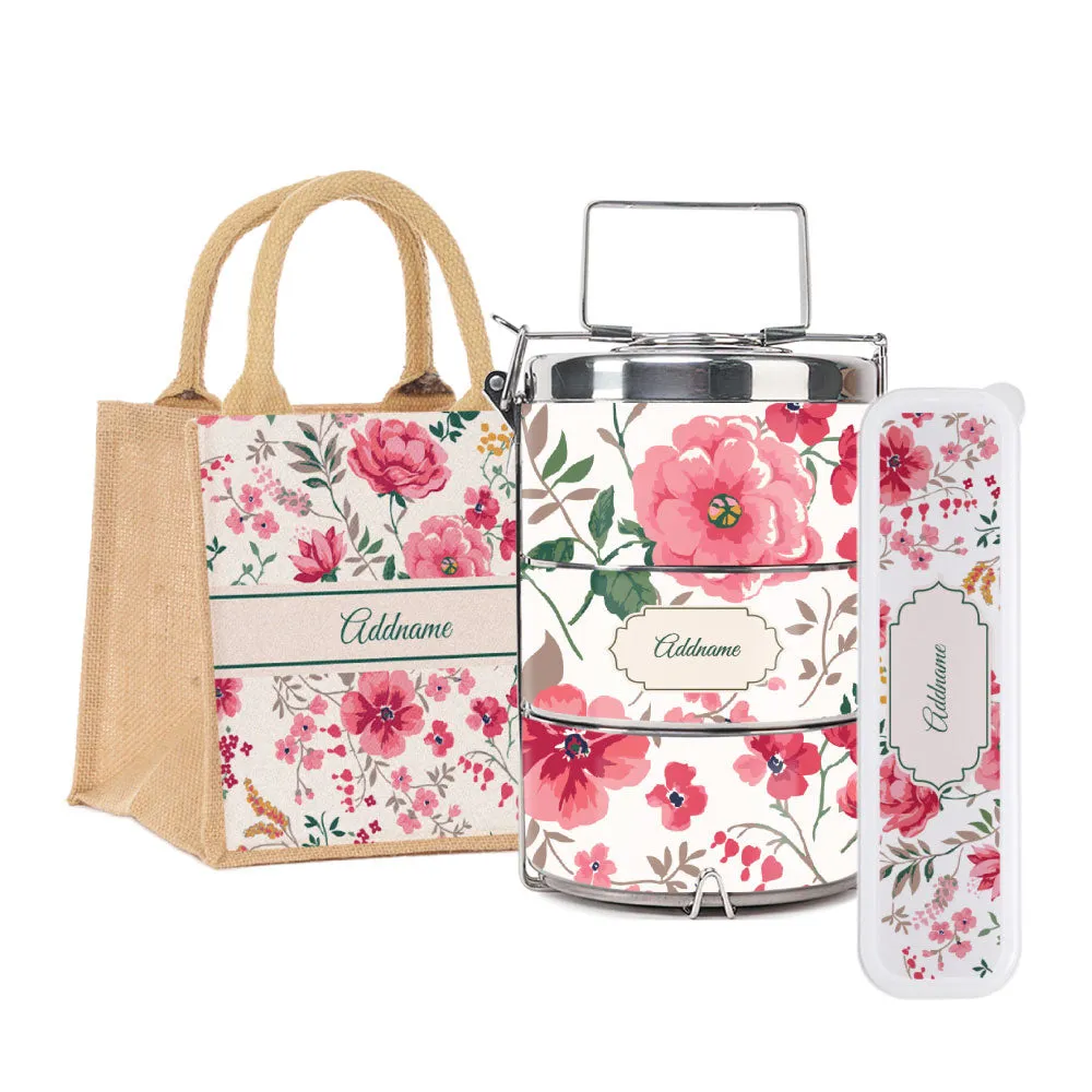 Flora Cerise Tiffin Carrier, Jute Tote Bag  & Cutlery Set [FREE Custom Add Name]