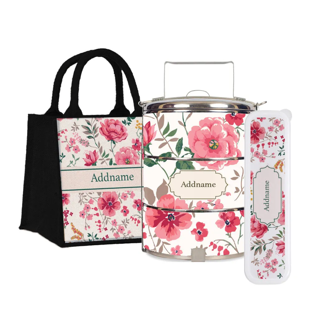 Flora Cerise Tiffin Carrier, Jute Tote Bag  & Cutlery Set [FREE Custom Add Name]