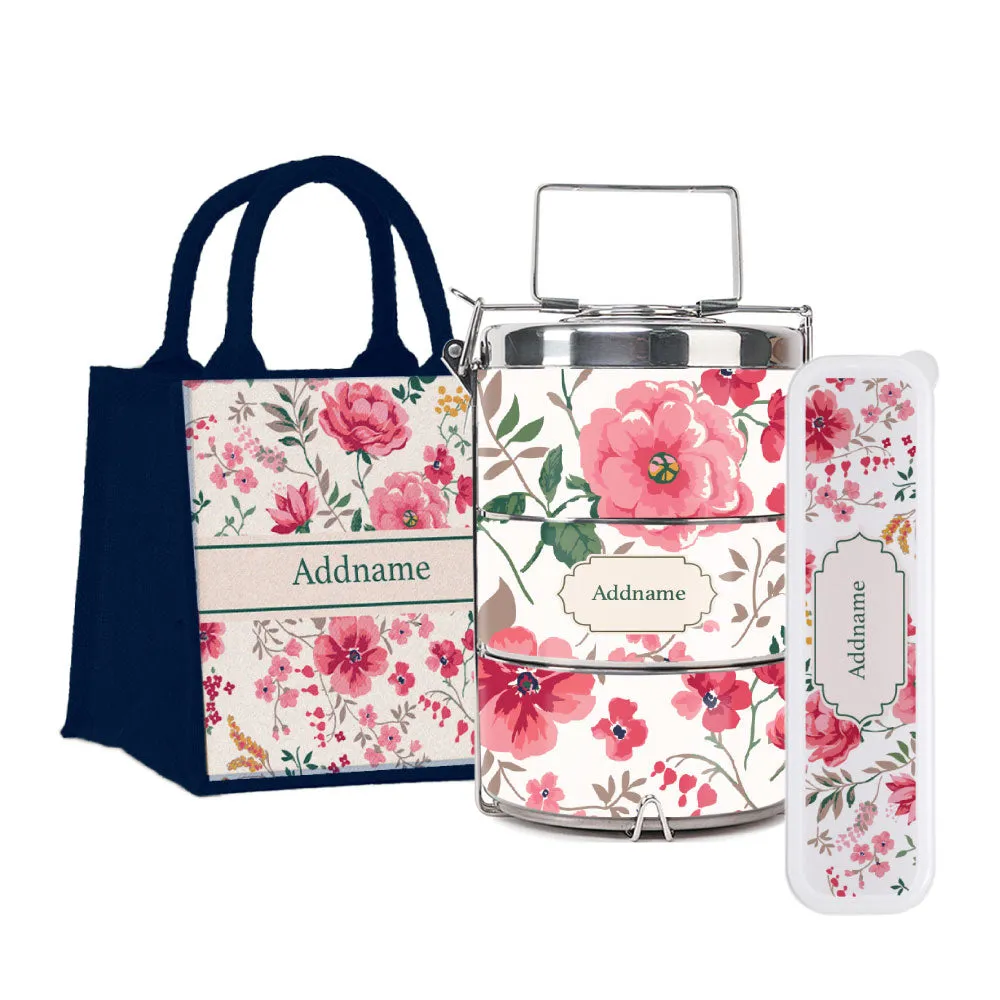 Flora Cerise Tiffin Carrier, Jute Tote Bag  & Cutlery Set [FREE Custom Add Name]