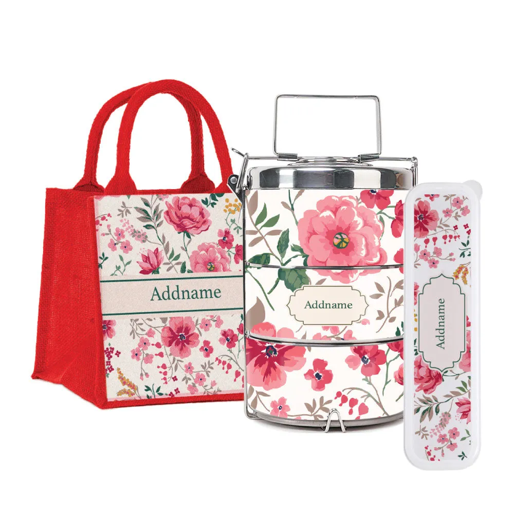 Flora Cerise Tiffin Carrier, Jute Tote Bag  & Cutlery Set [FREE Custom Add Name]