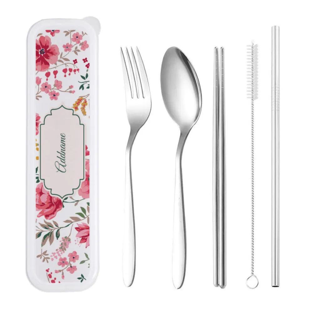 Flora Cerise Tiffin Carrier, Jute Tote Bag  & Cutlery Set [FREE Custom Add Name]